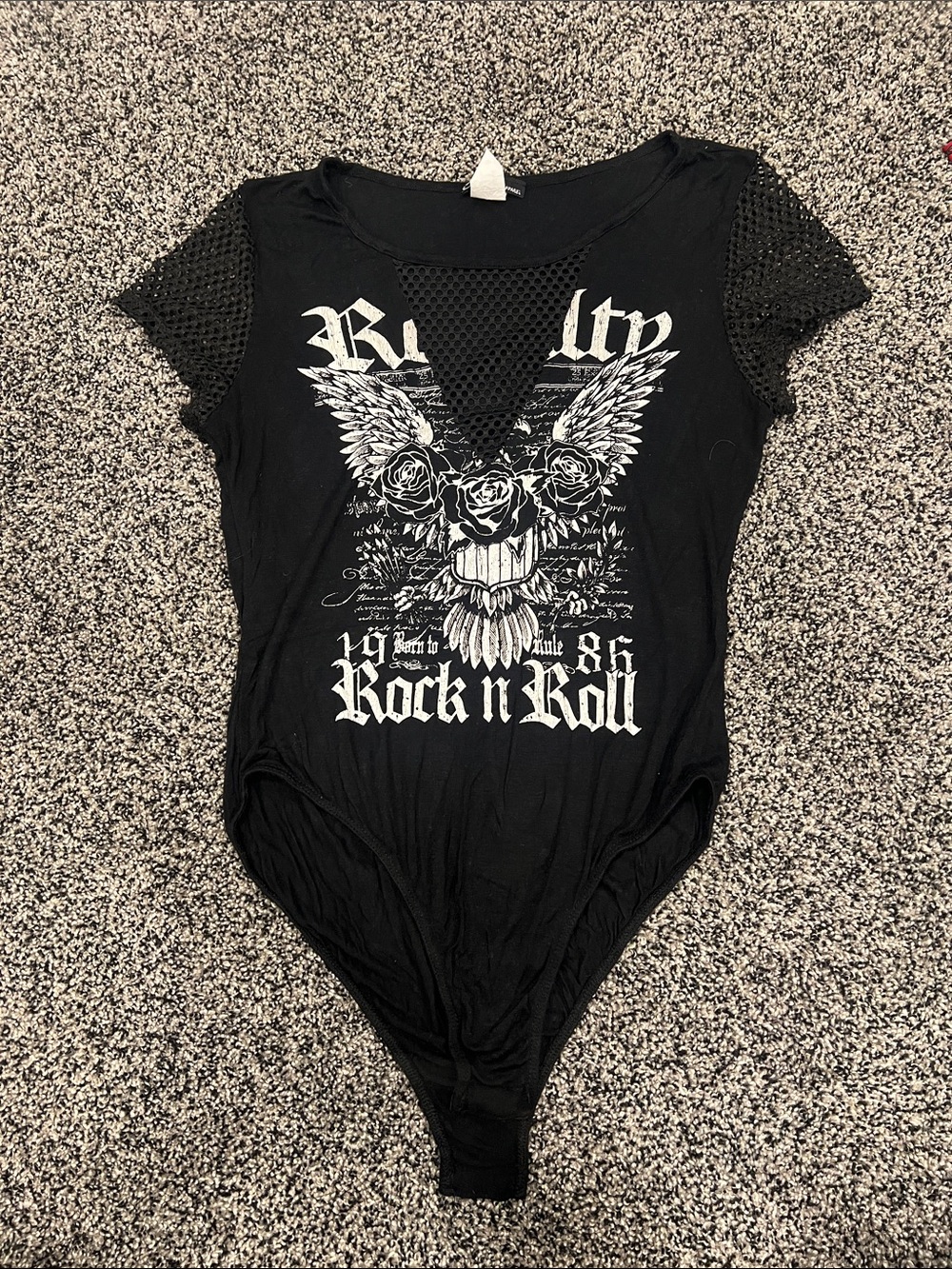 cleo Black Rock n Roll Graphic Bodysuit with Mesh Shoulders